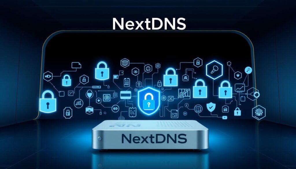 A detailed security features illustration of NextDNS. In the foreground, a sleek, modern device representing the NextDNS platform, with intricate security protocols and encryption visuals emanating from its interface. In the middle ground, an array of security icons and symbols, including padlocks, firewalls, and privacy shields, highlighting NextDNS's comprehensive security features. The background features a minimalist, high-tech environment with a subtle gradient, conveying a sense of advanced technology and digital security. The overall mood is one of sophistication, trust, and technological prowess, reflecting the secure and reliable nature of the NextDNS service.