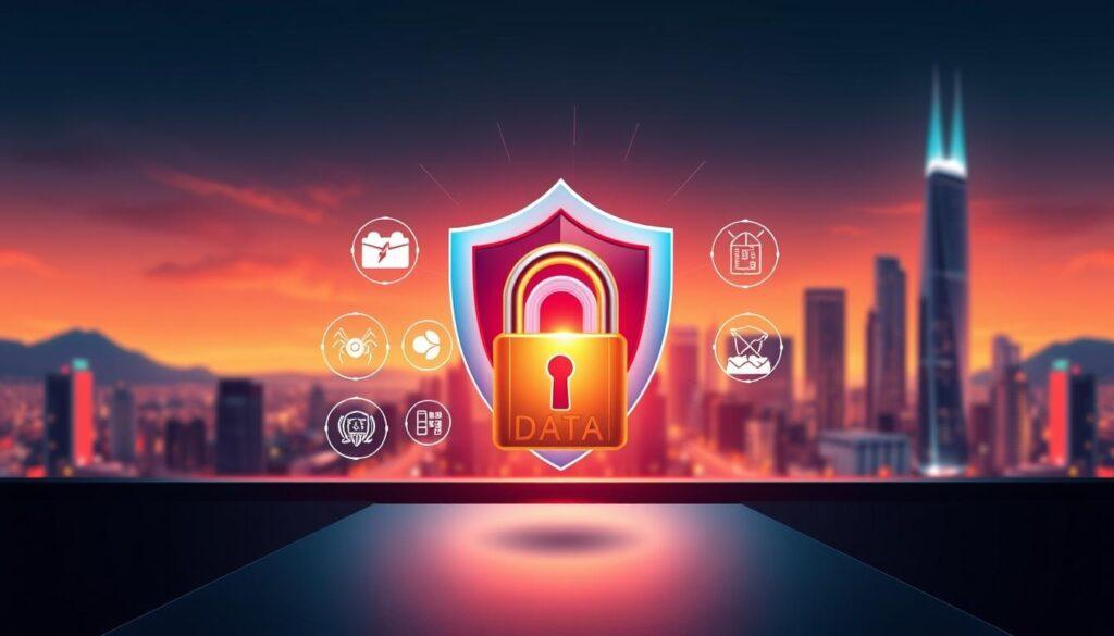 A striking digital illustration showcasing the key benefits of NextDNS. In the foreground, a secure, encrypted data lock takes center stage, symbolizing the enhanced privacy protection provided by NextDNS. In the middle ground, a series of icons representing different online threats, such as malware, phishing, and trackers, are being blocked by a powerful shield. The background features a sleek, futuristic cityscape, hinting at the seamless integration of NextDNS into modern digital life. The overall scene is bathed in a warm, vibrant color palette, conveying a sense of trust, reliability, and empowerment for the user.