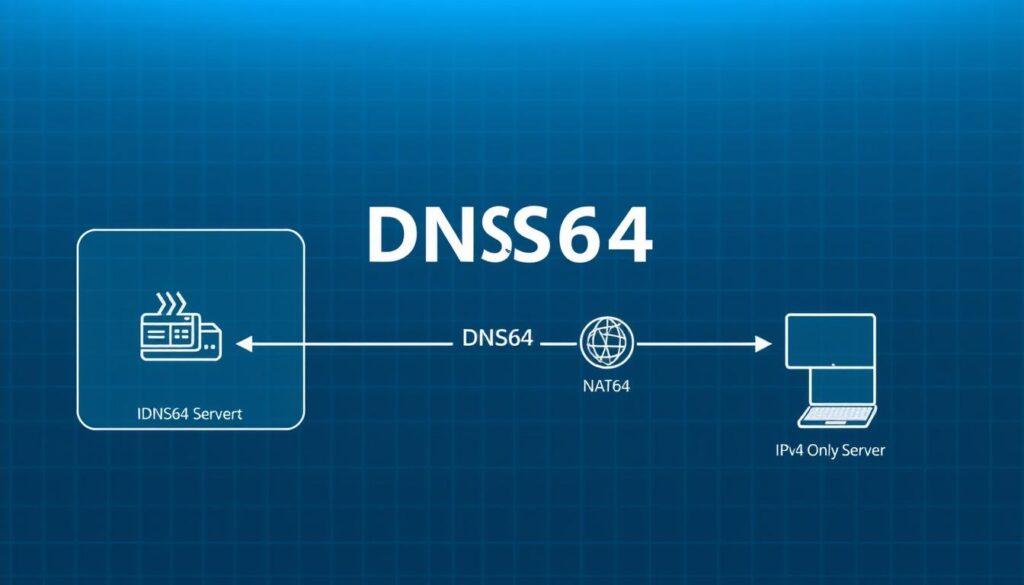 A technical illustration depicting the relationship between DNS64 and NAT64 networking technologies. In the foreground, a clear diagram shows the flow of data packets from an IPv6-only client, through a DNS64 server, and then translated by a NAT64 gateway to reach an IPv4-only server. The middle ground features detailed icons representing the various network components and protocols involved. The background has a subtle grid pattern, conveying a sense of structured connectivity. The lighting is soft and even, with a cool color palette to evoke a technical, analytical atmosphere. The camera angle is slightly elevated, providing an overview of the network topology. A technical illustration depicting the relationship between DNS64 and NAT64 networking technologies. In the foreground, a clear diagram shows the flow of data packets from an IPv6-only client, through a DNS64 server, and then translated by a NAT64 gateway to reach an IPv4-only server. The middle ground features detailed icons representing the various network components and protocols involved. The background has a subtle grid pattern, conveying a sense of structured connectivity. The lighting is soft and even, with a cool color palette to evoke a technical, analytical atmosphere. The camera angle is slightly elevated, providing an overview of the network topology.